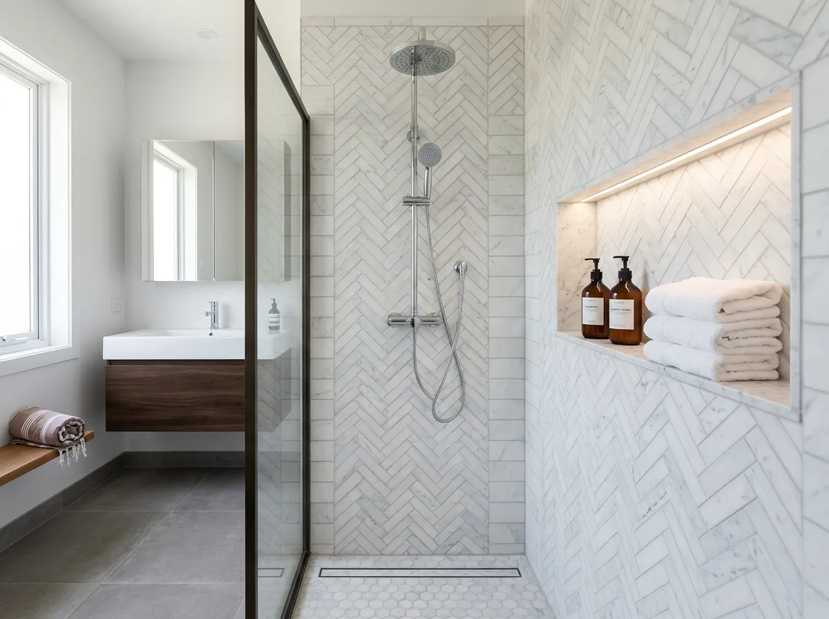 A herringbone layout in matte white ceramic, fitted precisely where the tile meets the upper cabinet rail.
