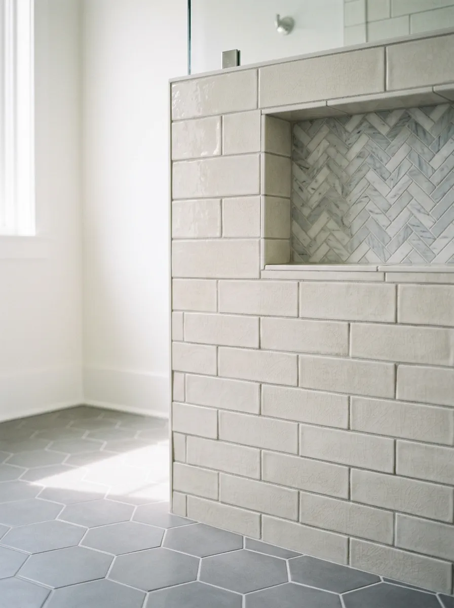 Subway tile in a running bond pattern with tight, consistent grout joints and clean cuts around the outlet covers.