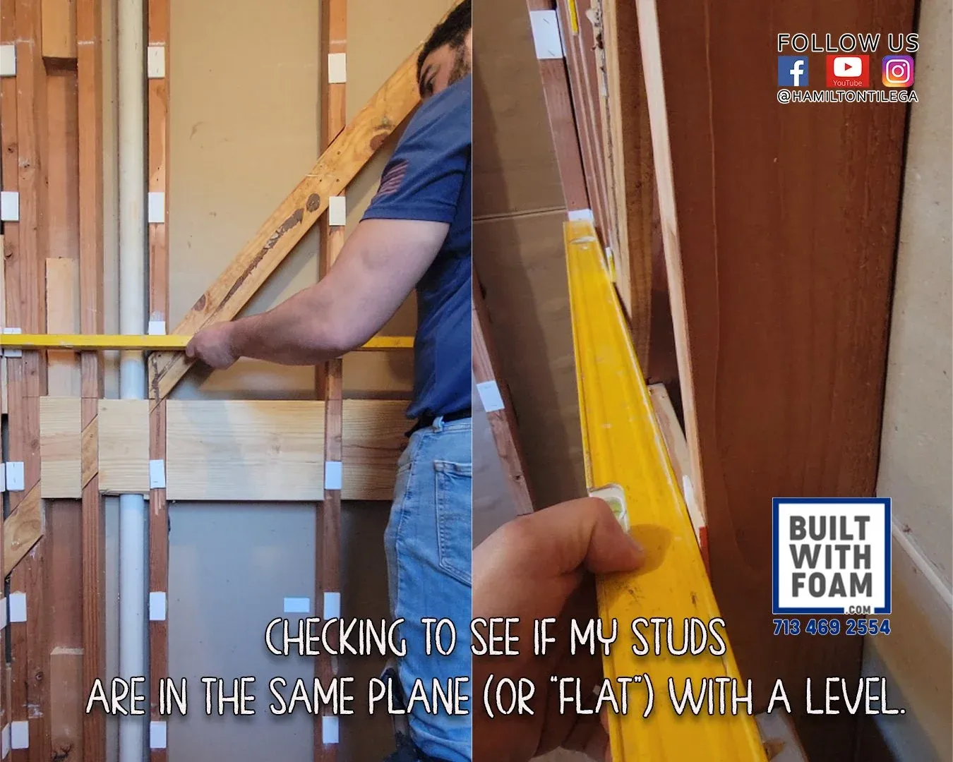 A construction worker checks to see that his walls are flat before he sets tile.
