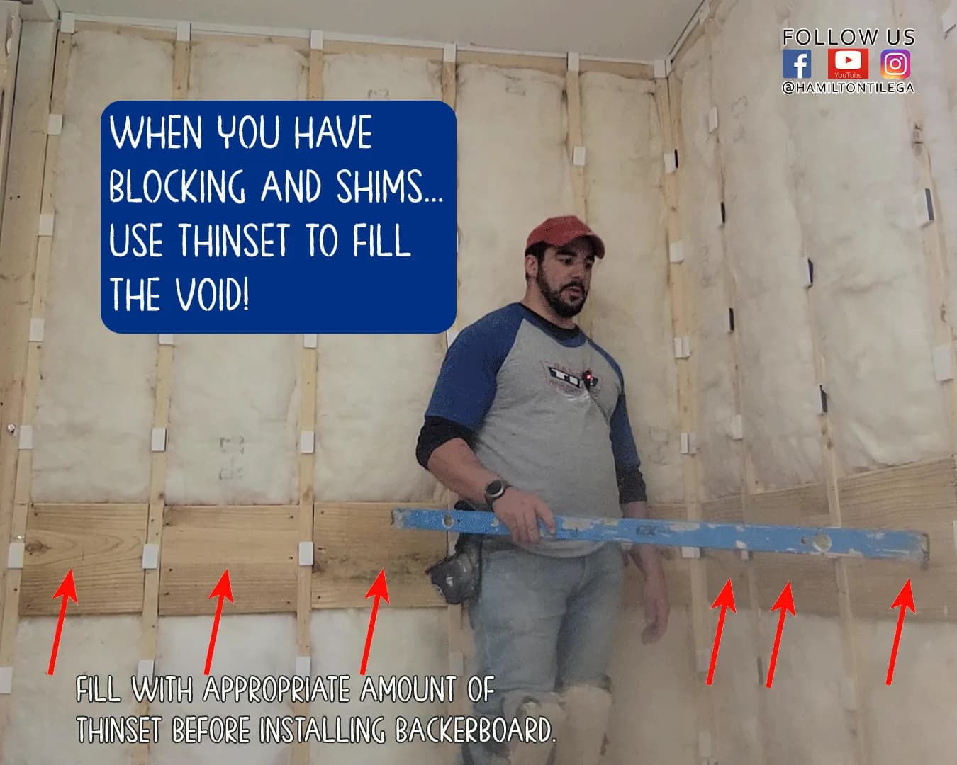 When using the built with foam shim and shower grab bar blocking...wet shim the area with thin set to stiffen it up.