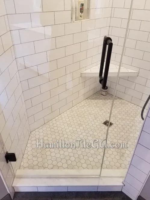 Chattahoochee Glass Doors with the amazing installation.Notice the wall tile pattern is “wrapped” throughout the entirety of this shower. Details!