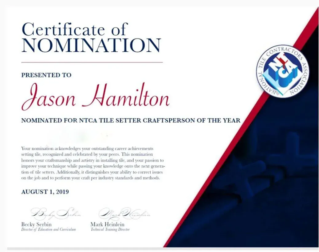 Jason Hamilton: Nominated for NTCA Tile Craftsperson of the year.