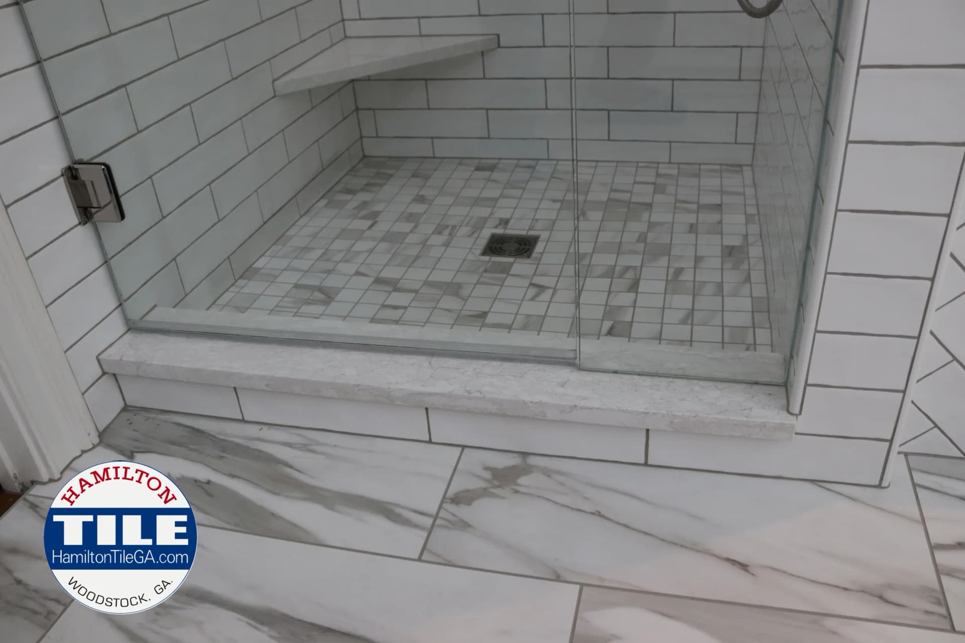 We installed the stone tops on this bathroom remodel, doing it ourselves—-the only way to ensure perfection.