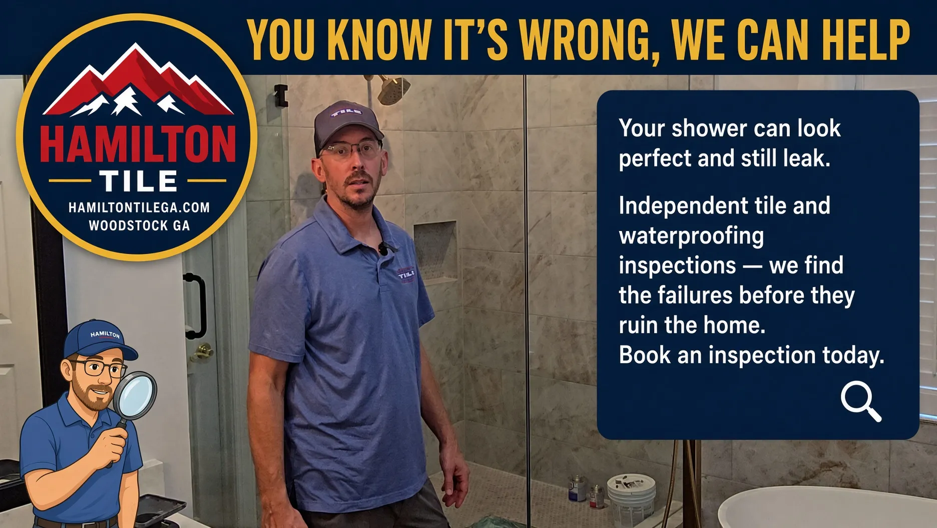 Hamilton Tile tile inspection ad with technician in shower and text about hidden shower leaks