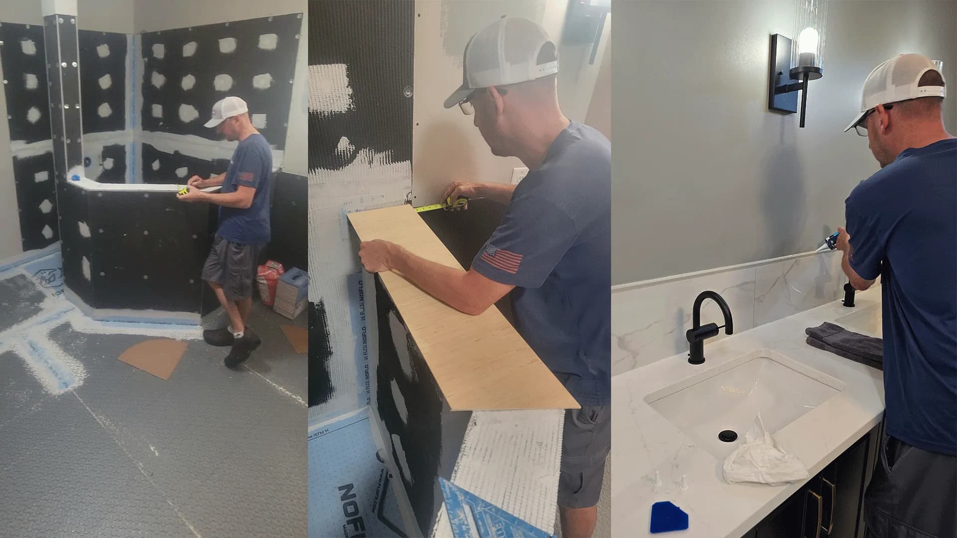 Installer measuring and fitting bathroom tile during renovation, with shower and vanity finished nearby