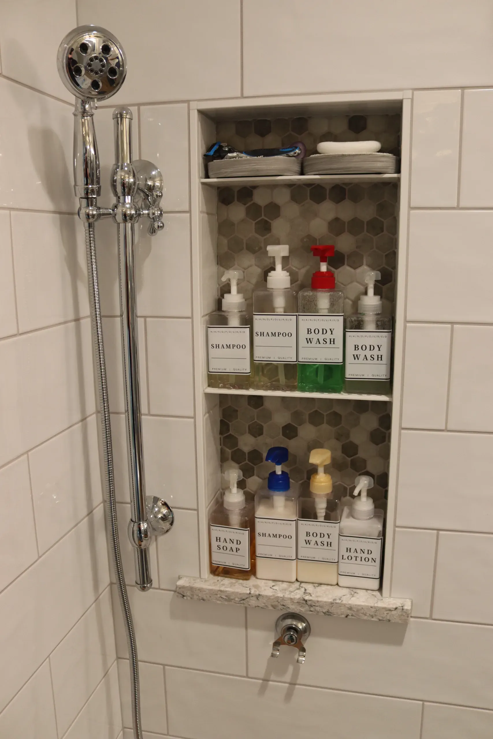 Soap niche in new tile shower in Holly Springs, GA